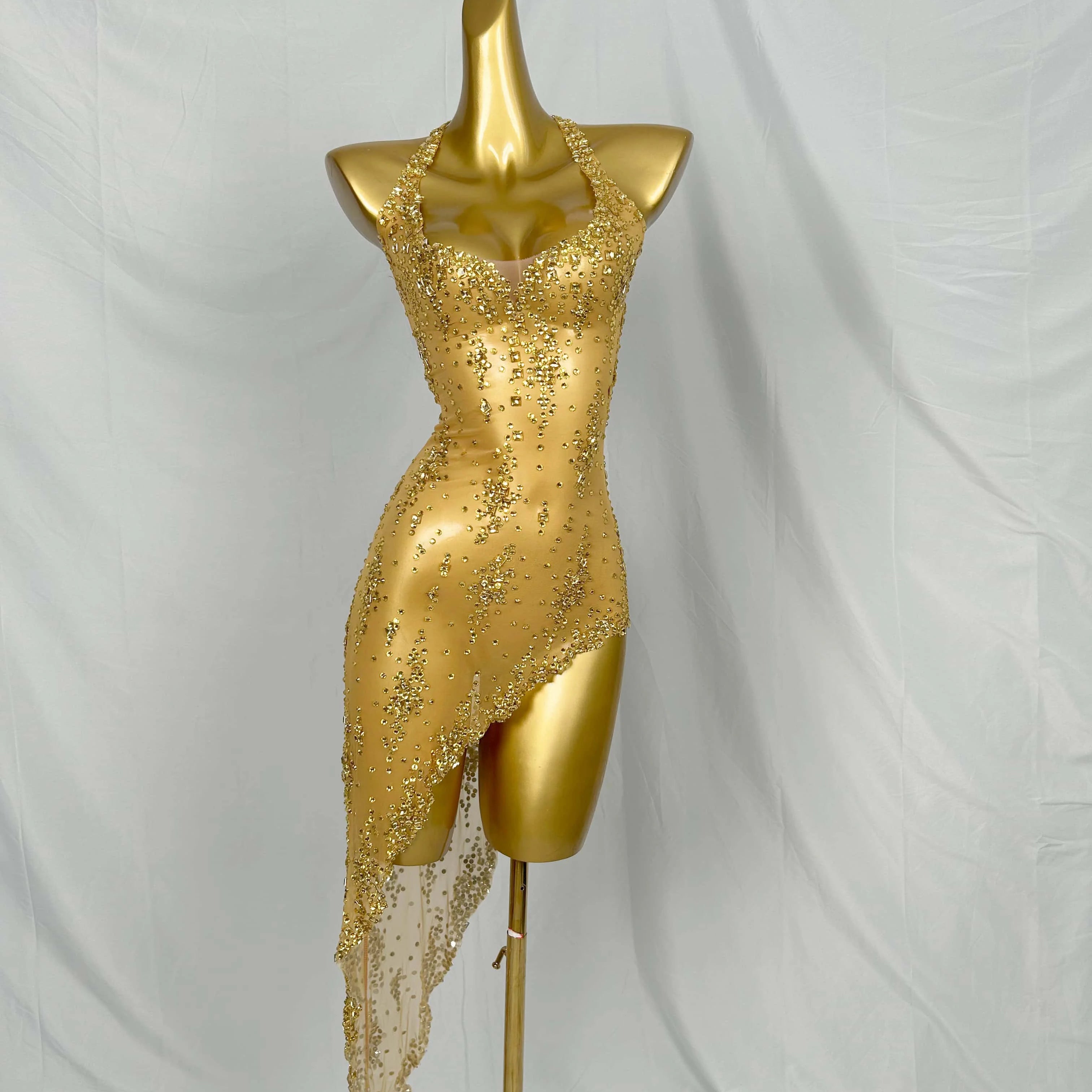 Nightclub Mini Dress Singer Stage Performance Wear Bar Party Asymmetrical Dress Sparkly Rhinestones Sleeveless Mesh Dress Xinghe Gold One Size