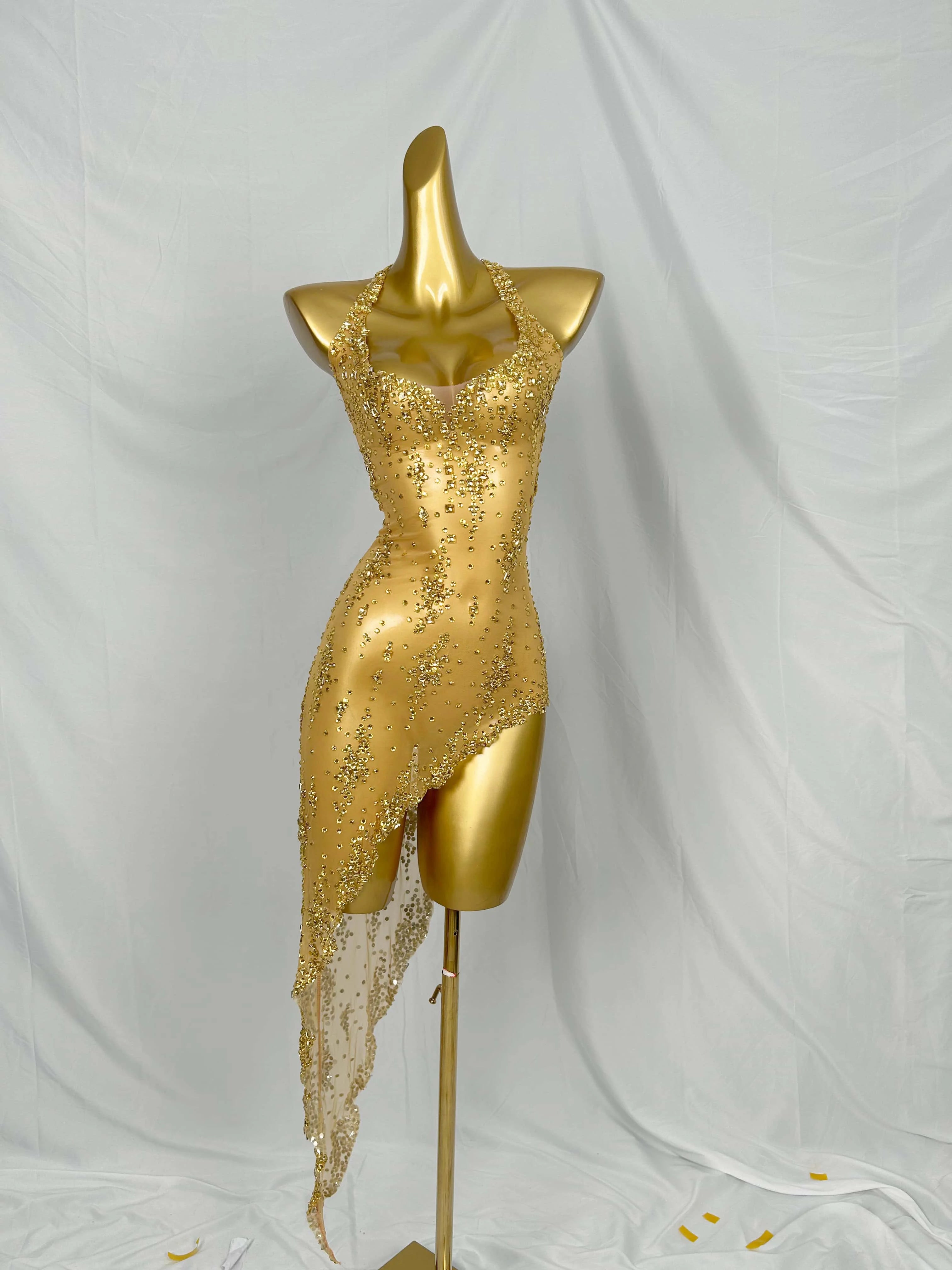 Nightclub Mini Dress Singer Stage Performance Wear Bar Party Asymmetrical Dress Sparkly Rhinestones Sleeveless Mesh Dress Xinghe Gold One Size