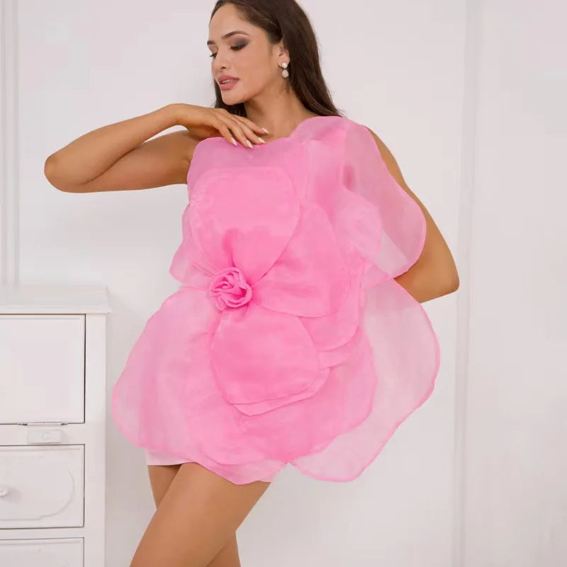 2023 Summer Women'S Dress Sexy One Shoulder Sleeveless 3D Mesh Flower Patchwork Satin Mini White Wedding Dress