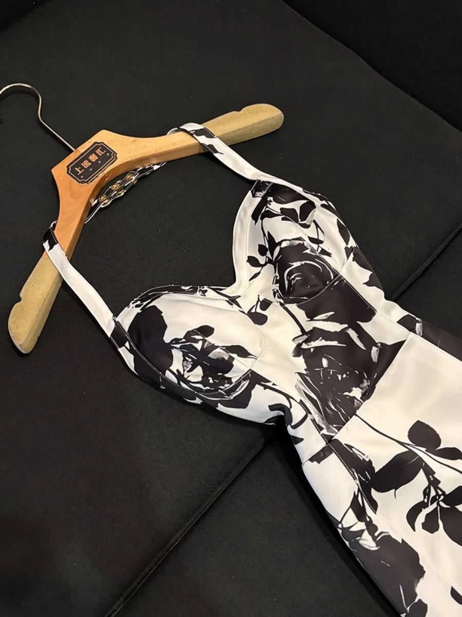 Hit Color Slimming Spliced Printing Dresses for Women Halter Neck Sleeveless Temperament Dress Female Fashion New