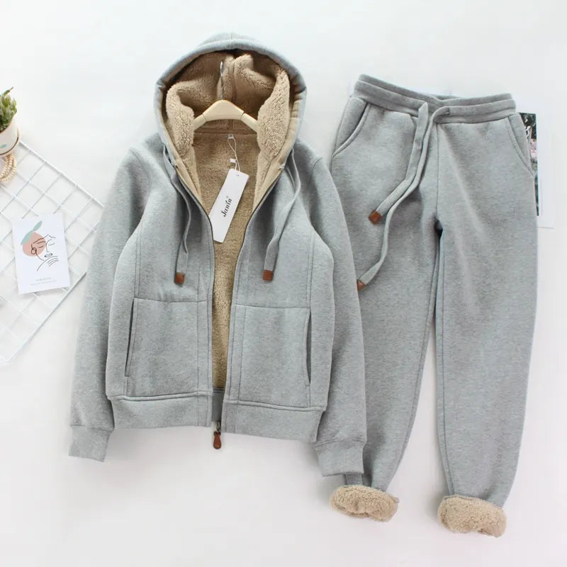 Simple Fashion Sports Casual Suit Women's Autumn Winter Artificial Lamb Wool and Velvet Thickened Hooded Short Coat Sports Pants Gray