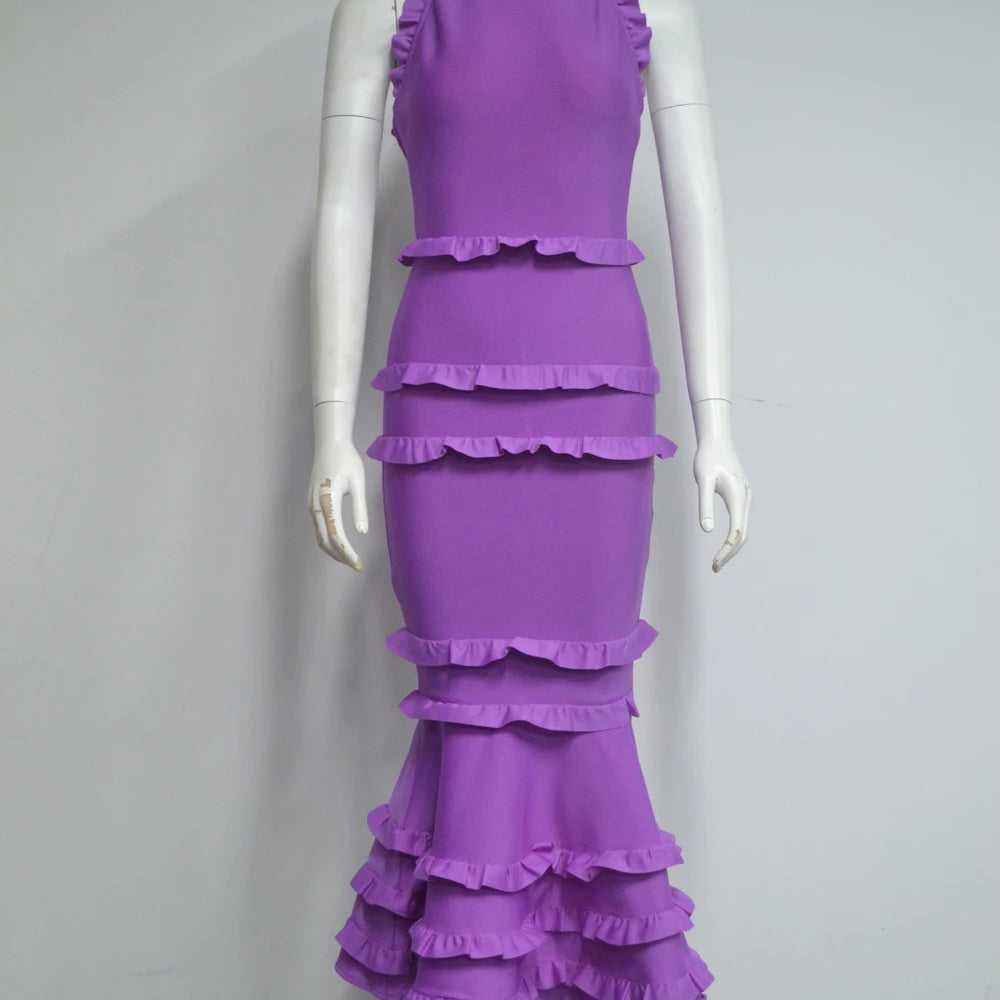 5 Colors Women Sexy Off the Shoulder Ruffles Bodycon Bandage Mermaid Dress Celebrate Evening Party Birthday Outfit Wear PURPLE