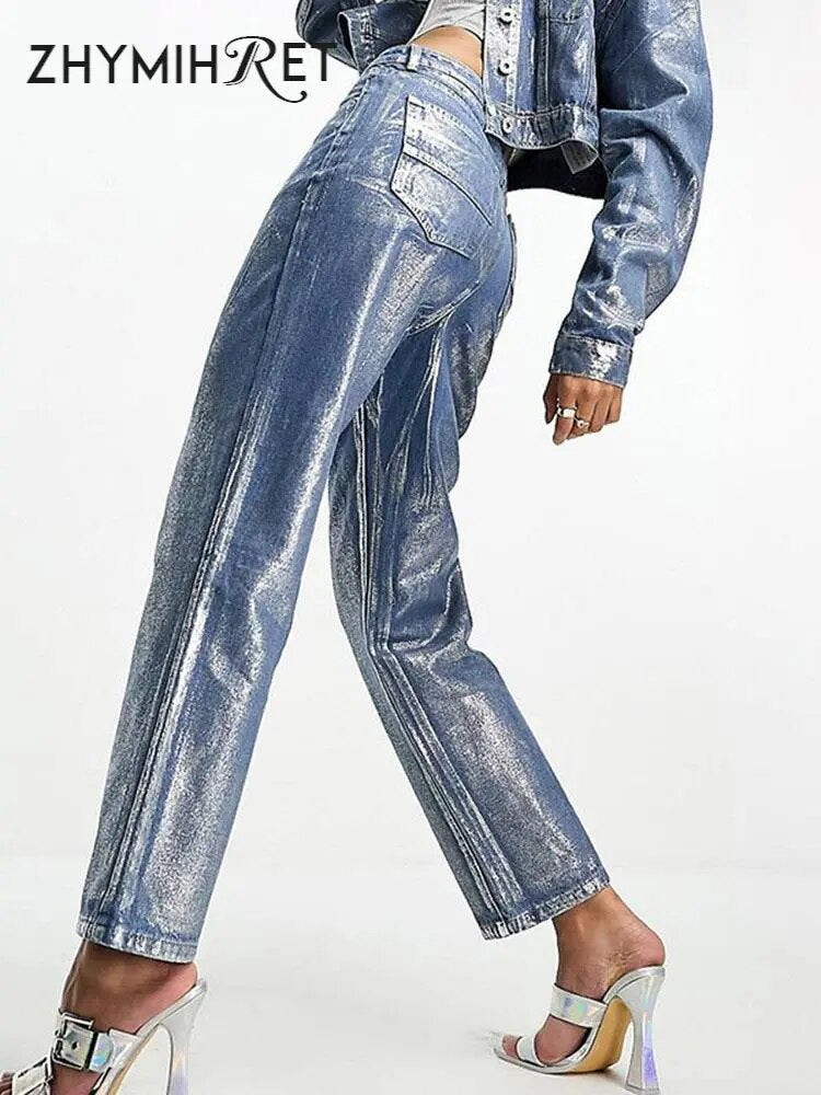 ZHYMIHRET Gold Stamping Straight Jeans For Women 2024 Autumn Winter Metallic Denim High Waist Pants Streetwear Y2K Clothing