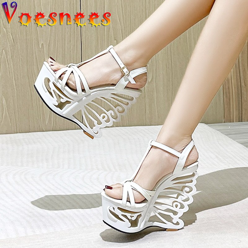 Summer Hollow Out Platform Nightclub Fashion Pumps Woman Super High Heel Wedges Sandals Sexy Ankle Buckle Peep Toe Party Shoes