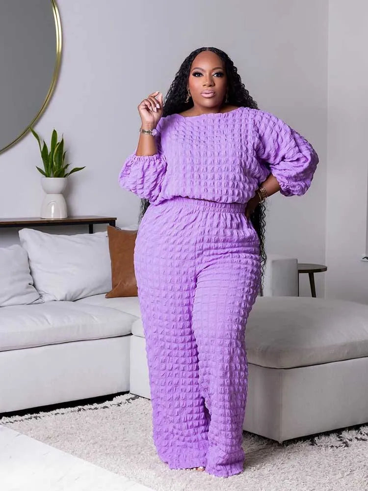 Curvy Plus Size Woman Clothing Fall Winter Long Sleeve 2 Piece Outfit Set Bubble Waffle Pleated Top and Pants Sets Elegant Suit PURPLE