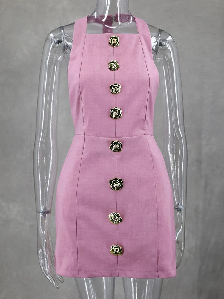 ByeMyLove Off Shoulder Party Dress Women Backless Halter Elegant Fashion Button Backless Sleeveless Mini Summer Dress Slim Solid Pink