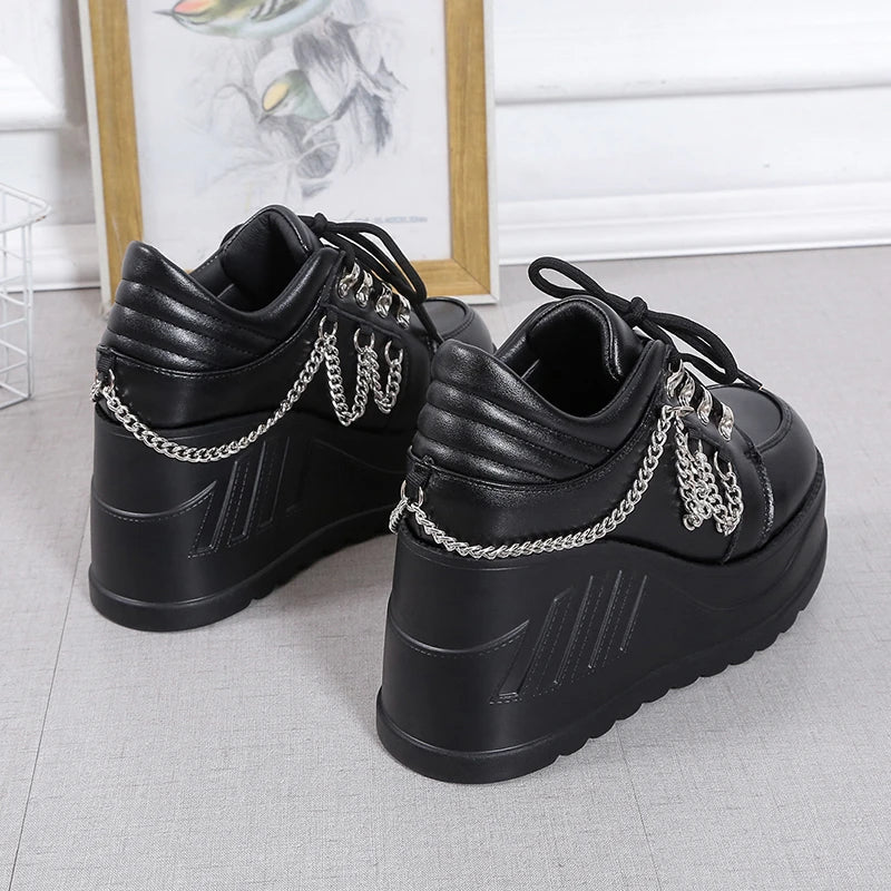 Women Pumps Metal Decoration Platform Flat Heel Female Shoes Ladies Wedge Lolita Gothic Harajuku Punk Footwear