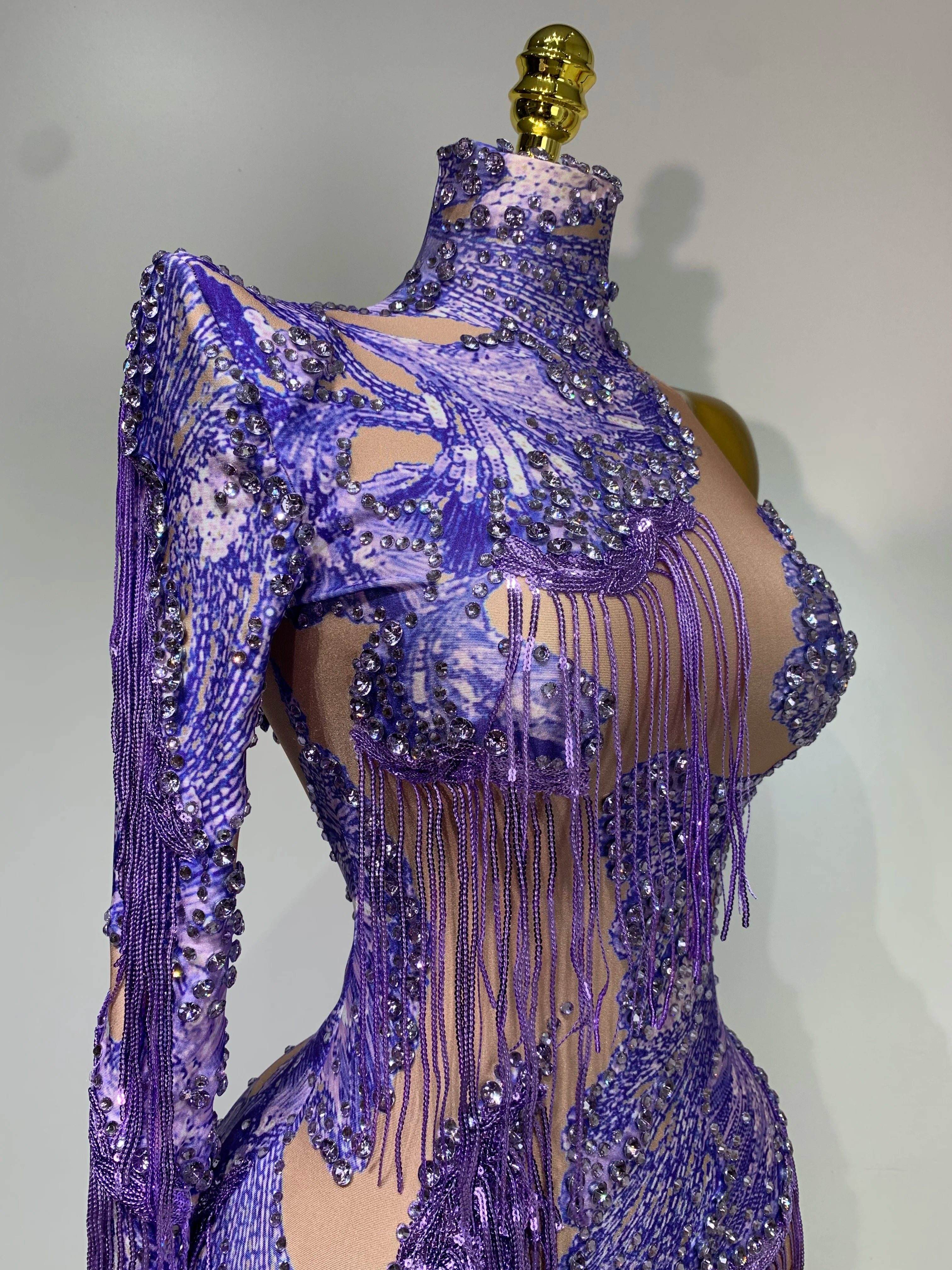 Sexy Sparkly Purple Rhinestones Tassel One Shoulder Sleeve Mini Dress Evening Party Birthday Nightclub Stage Performance Outfit