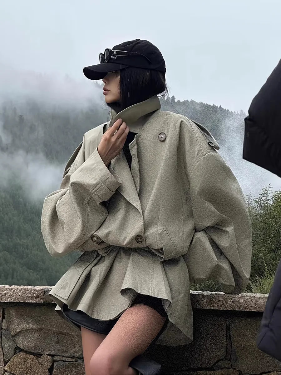 Lautaro Spring Autumn Oversized Trench Coat for Women Double Breasted Loose Casual Flowy Korean Fashion Clothes Overcoat 2025 khaki