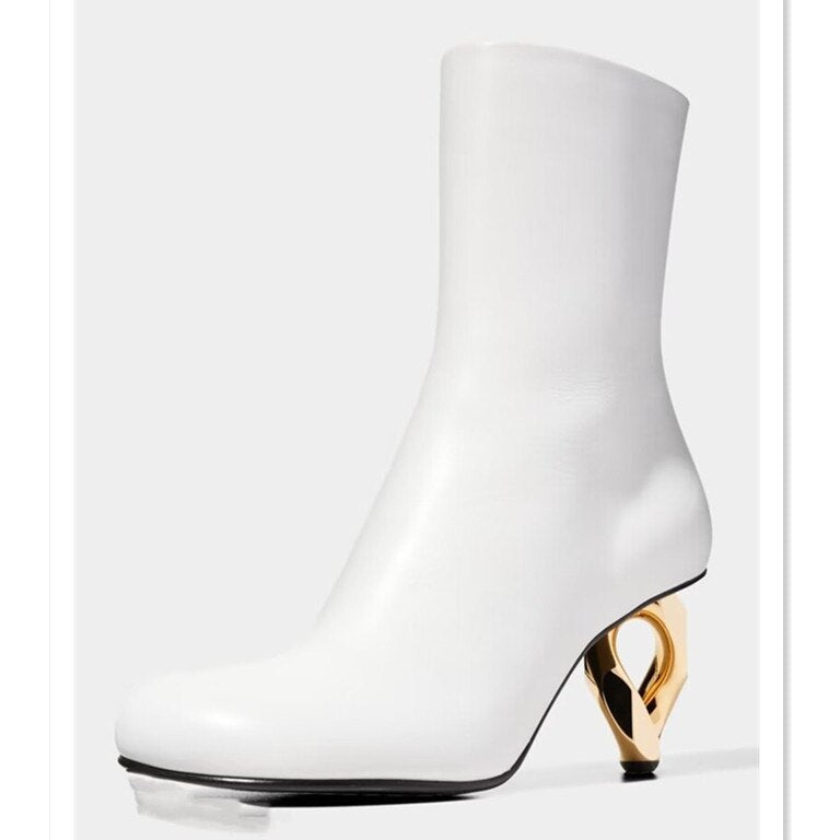 Spring and Autumn Women's New Metal Shaped High Heels Fashion Pointed Short Boots Sexy Model Show Large Women's Boots w105-white