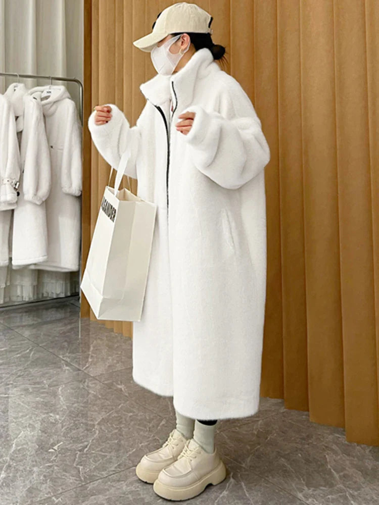 Winter Long Oversized Blue White Black Fluffy Thick Warm Faux Fur Coat Women Zip Up Runway Designer Korean Fashion 2022 Milk white