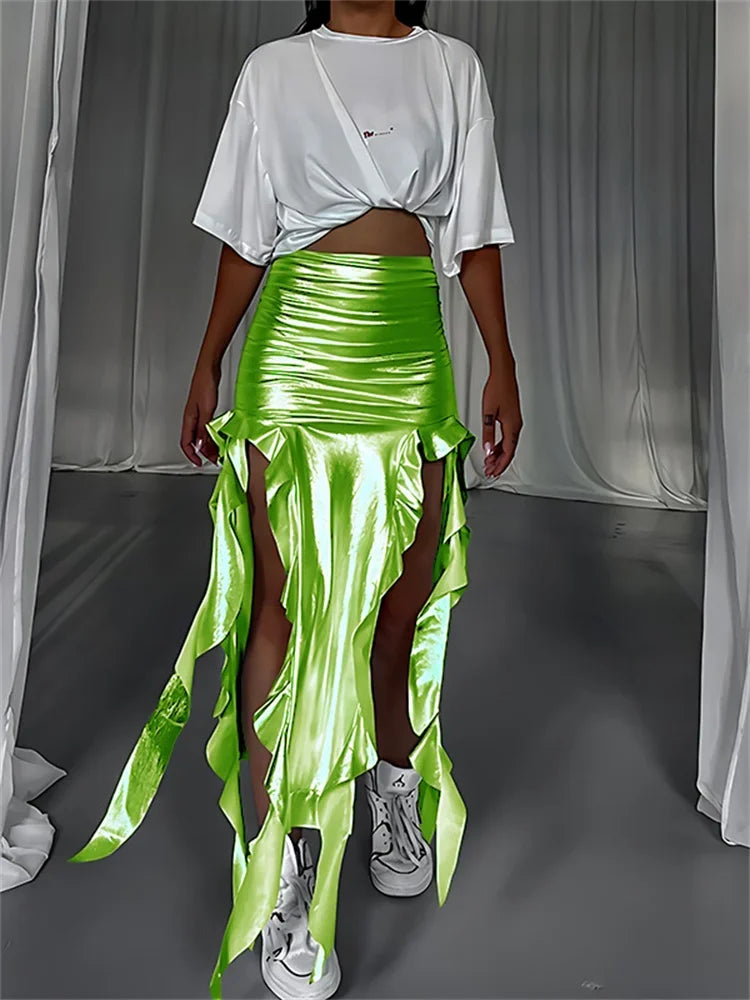 Tossy Tassel Summer Female Long Skirt Ruffled High Waist Broken High Split Fashion Pleated Sexy Solid Patchwork Maxi Skirt 2023 green