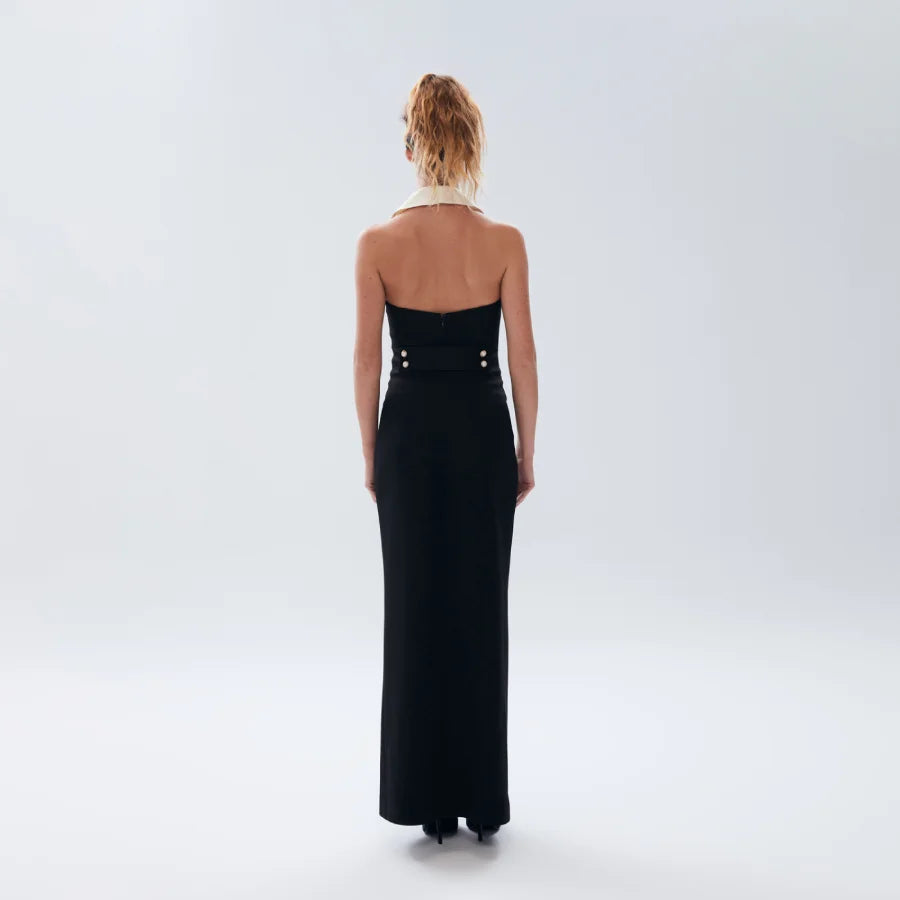 2024 Celebrity Red Carpet Dress Women Sexy Backless Peter Pan Collar Button Long Dress Celebrate Evening Party Cocktail Outfit