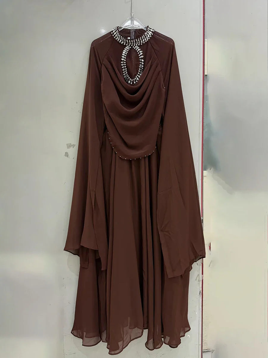 Solid Loose Sheer Spliced Bead Elegant Dresses for Women High Neck Long Sleeves Patchwork Folds Dress Female New COFFEE