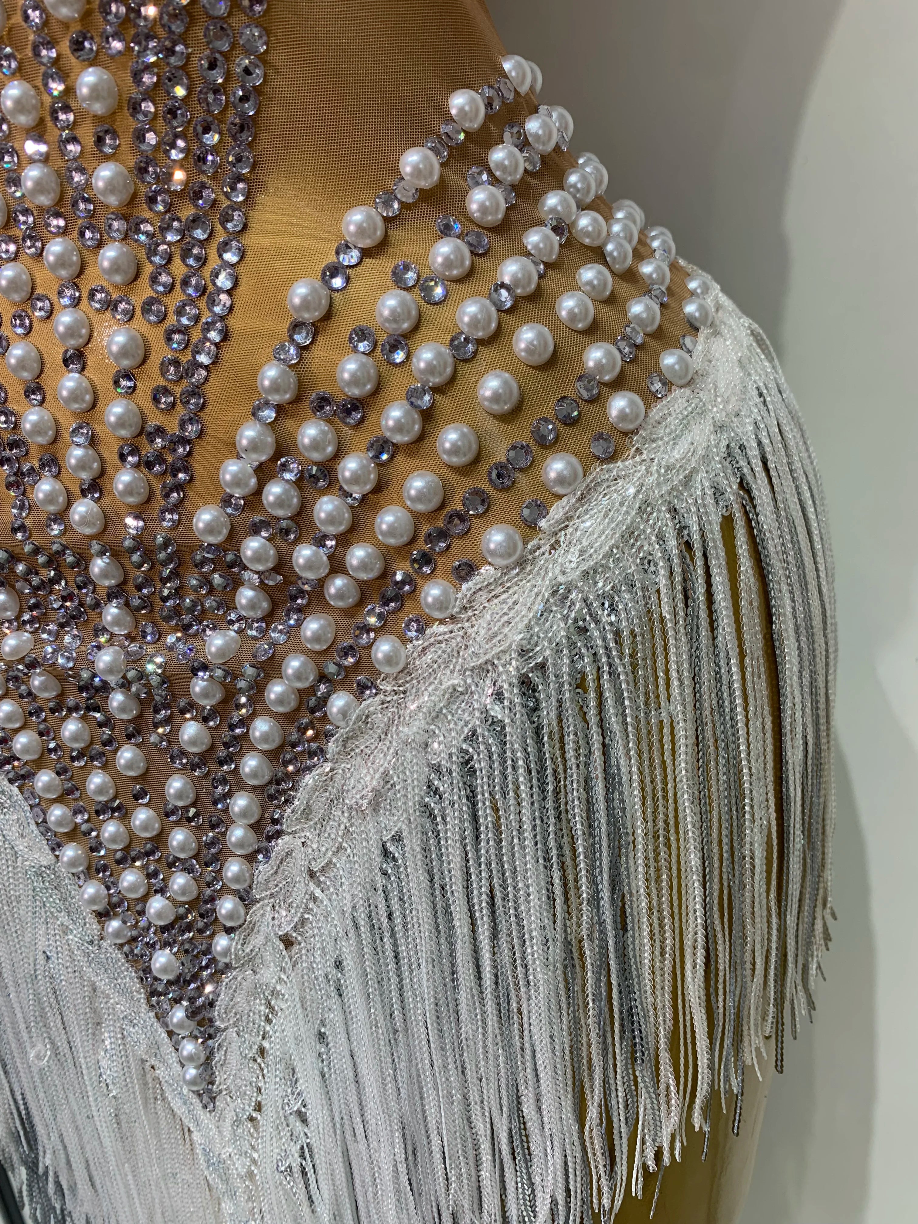 Women Sparkly Rhinestones Pearls Tassel Sexy Mesh See Through Dress Latin Dance Outfits Bar Nightclub Party Stage Costume
