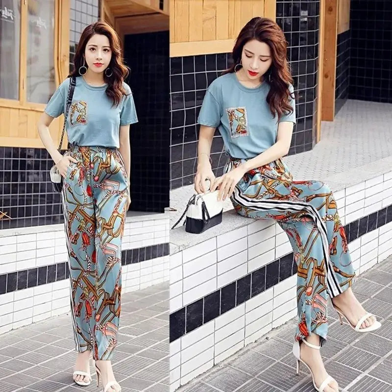 Women Casual Plus Size Clothing Suit 2025 Summer New Fashion Large Korean Short Sleeve Top Wide Leg Pants 2 Two Piece Set Female