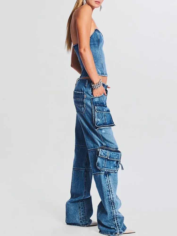 Denim Vintage Two Piece Sets For Women Strapless Sleeveless Tops High Waist Spliced Pockets Pant Casual Set Female