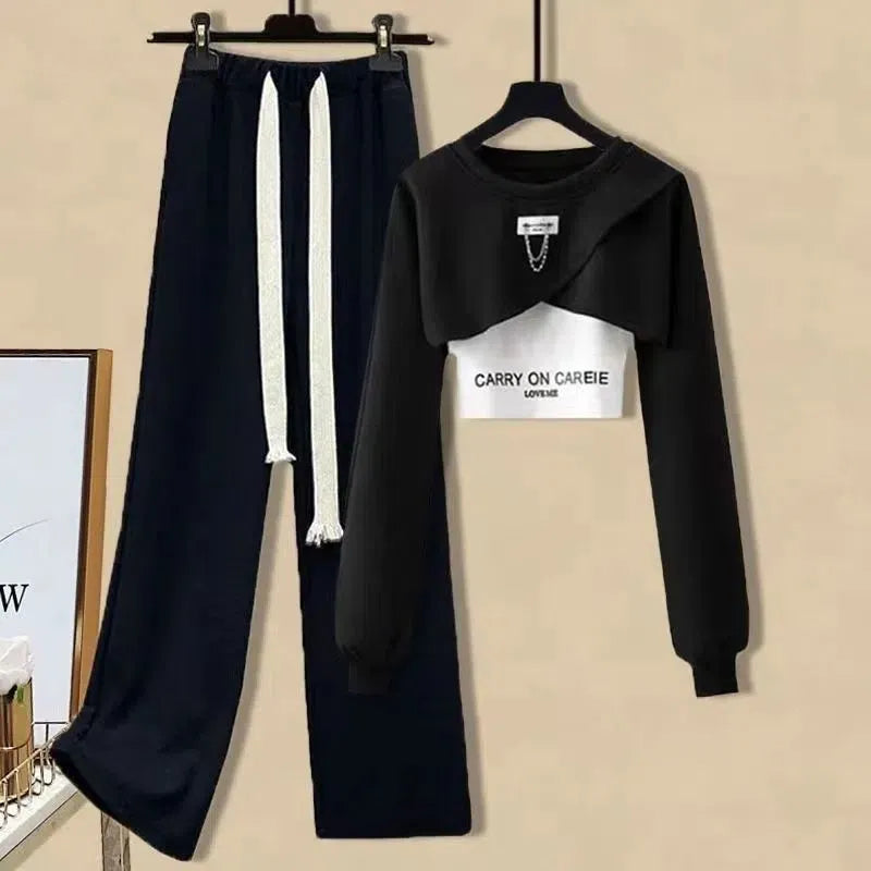 女性のカジュアル服韓国ファッションショートスウェットシャツベストワイドレッグパンツ 3 点セット 2023 春秋スポーツ衣装女性