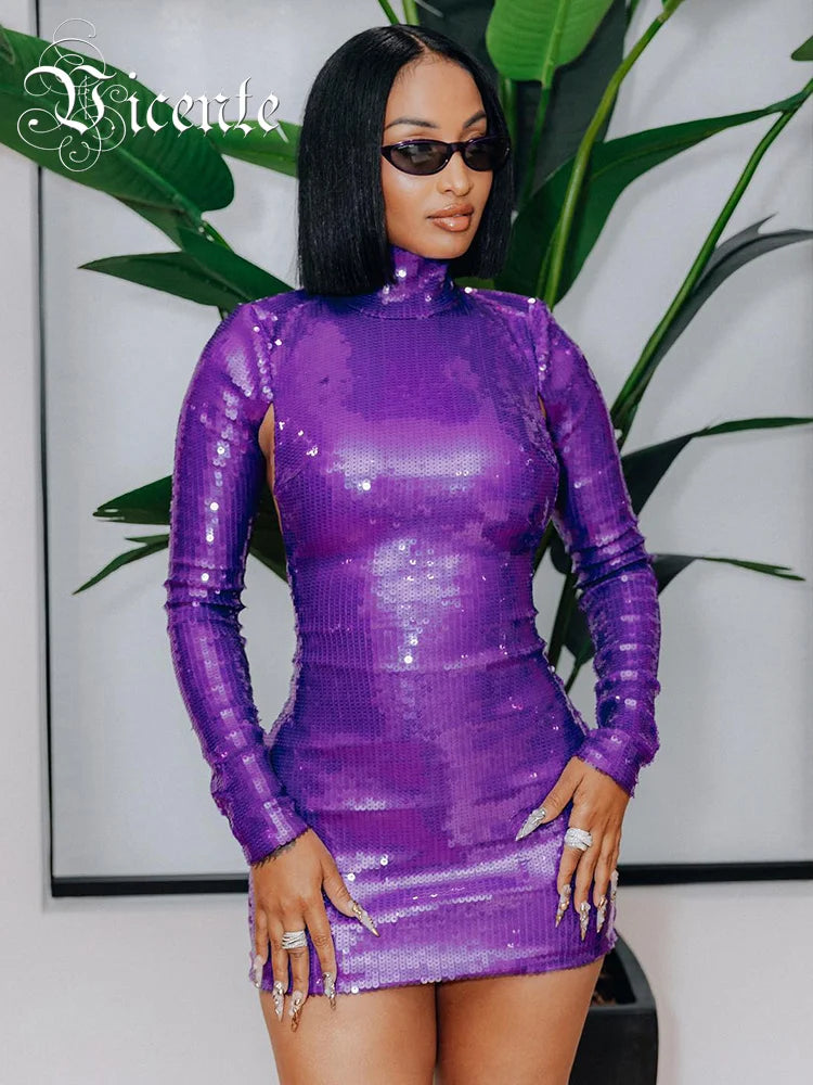Backless Sexy Dress For Women Evening Party Gown Purple Sequins Sparkle Long Sleeves Slim Mini Dress