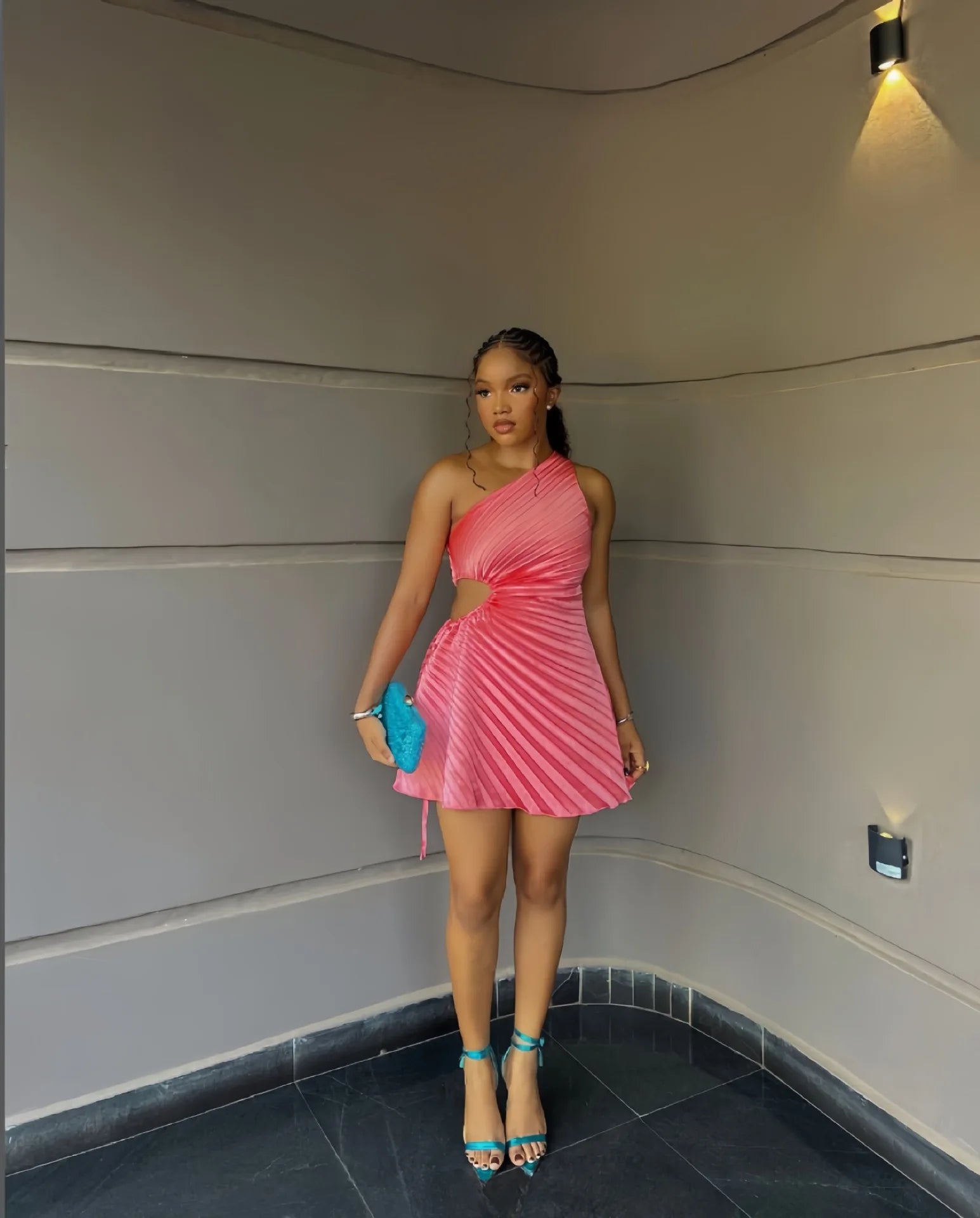 Women Pleated One Shouloder Sleeveless Cutout Waist Dress 2025 Evening Sexy Club Party Evening High Street Dresses