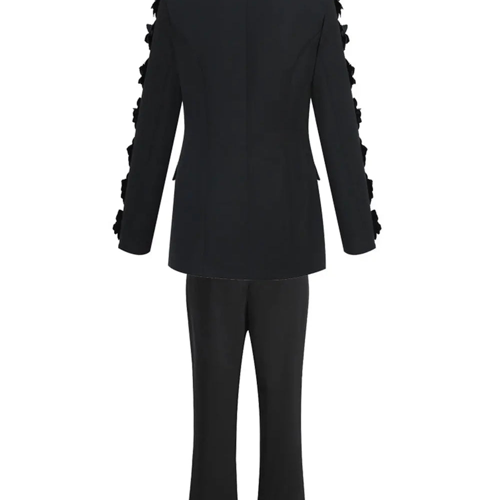 2024 Women Suit Pants Set with Collar, Long Sleeve, Three Dimensional Flower Decoration, Slim Fit Suit Coat+Two Piece Pants Set