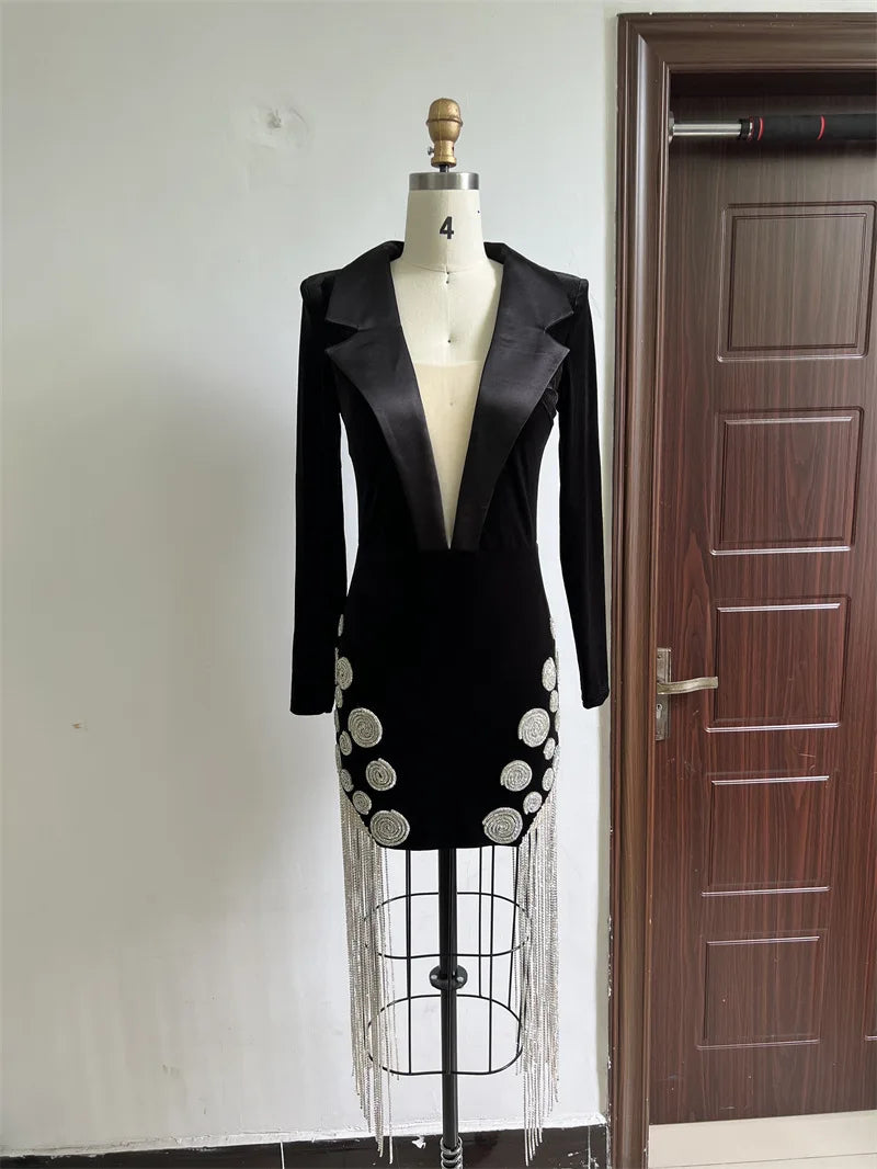 2025 Luxury Diamonds Tassel Sexy Deep V Notched Black Velvet Dress Woman Evening Party Vestido Celebrate Club Party Outfit
