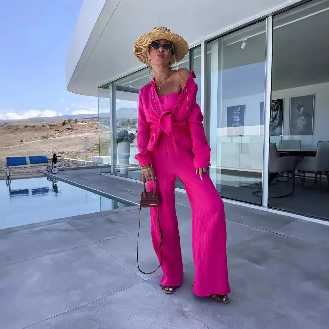 Solid Color Casual Loose Pants Sets For Women 2024 Elegant Autumn Women's Two Pieces Suit Full Trouser Set Female Outfit Clothes