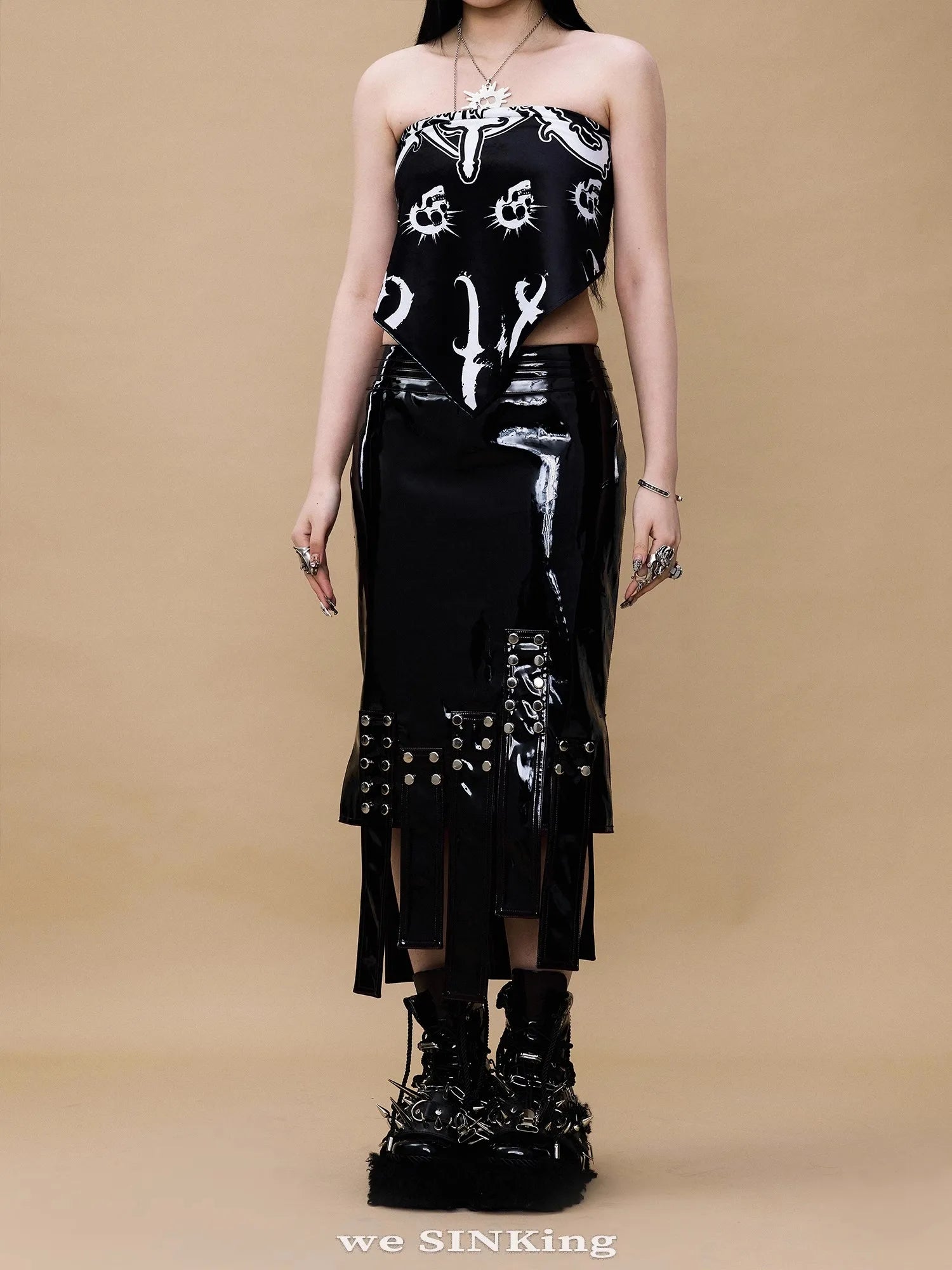 Lautaro Spring Summer Sexy Shiny Reflective Red Faux Leather Midi Asymmetrical Skirt Women Rivet Goth Style Y2K Streetwear 2025