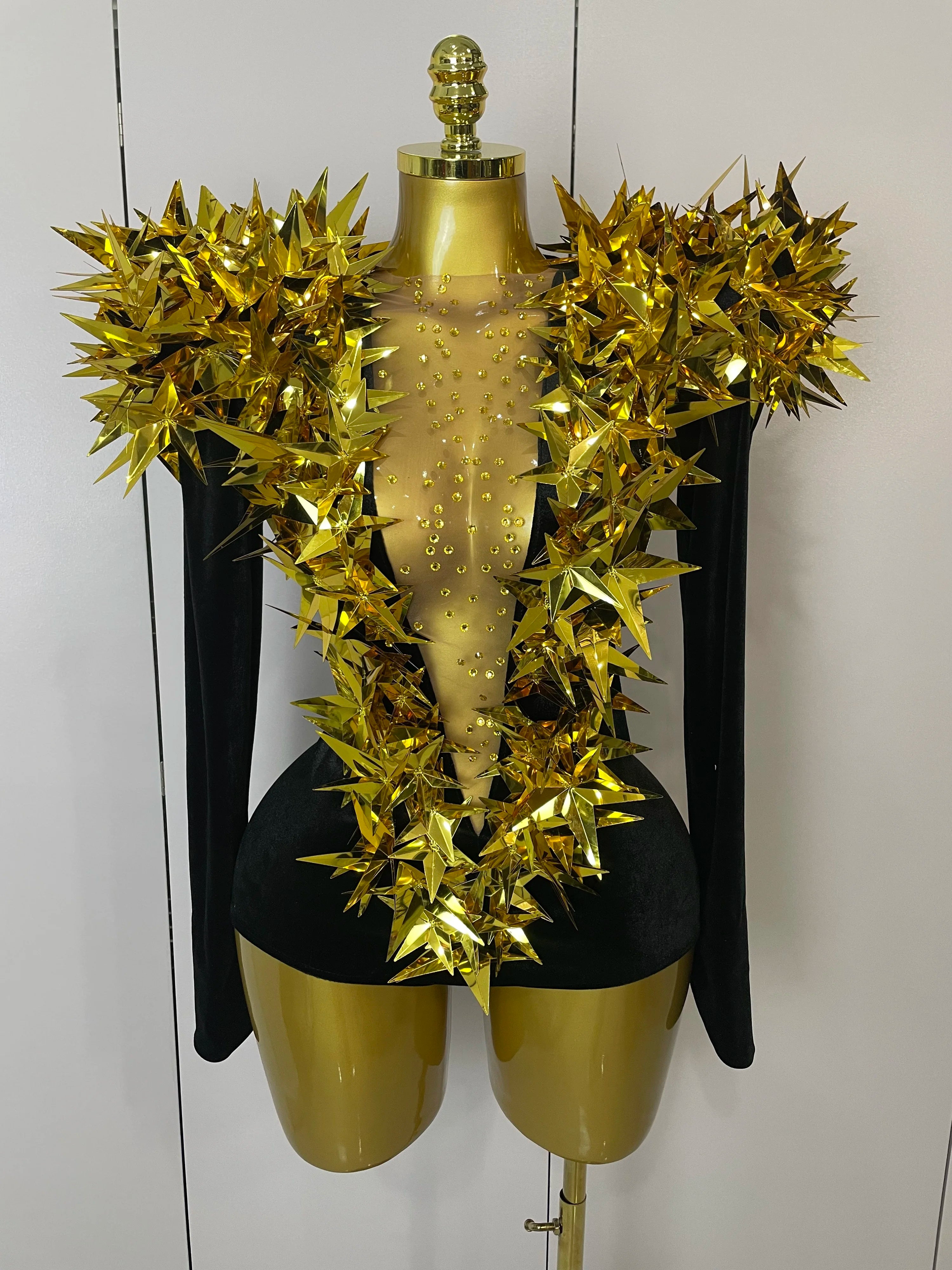 2025 New Shiny Black Rhinestone Velvet Long Sleeve Bodysuit Women Evening Party Club Gala Hosts NightClub Bar Stage Costumes Gold