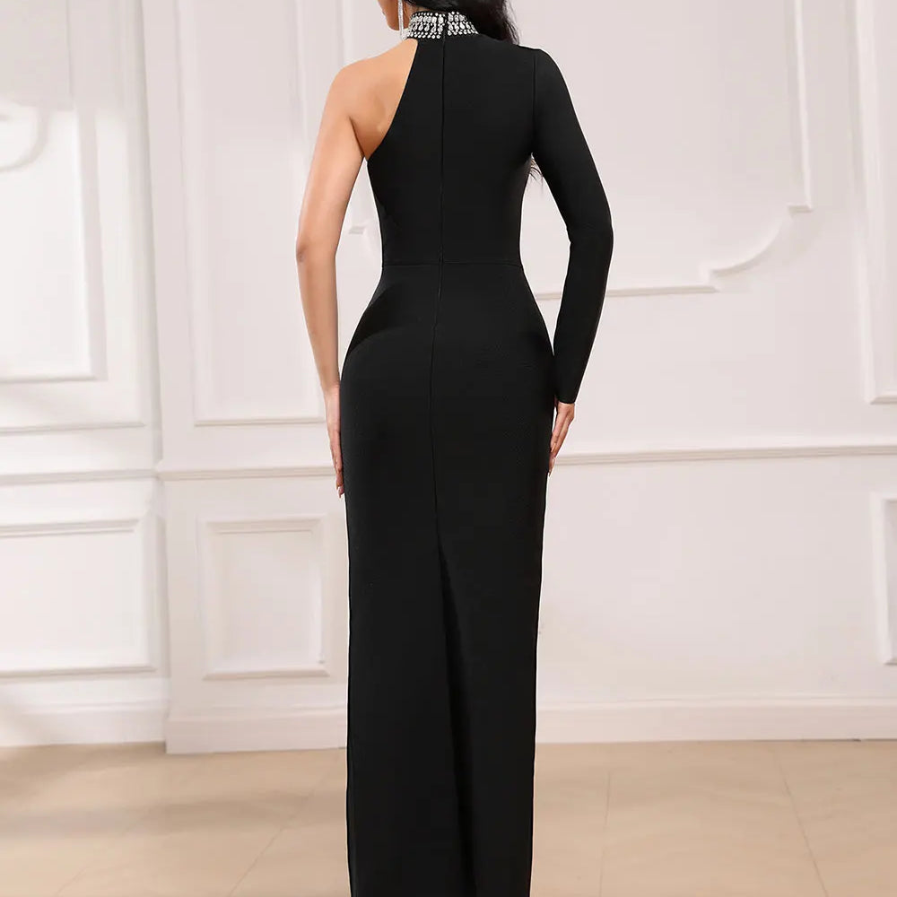 2025 Spring Women's Light Luxury Nail Diamond Bandage Dresses Stand Collar Single Shoulder Bodycon Split Length Dress Vestidos