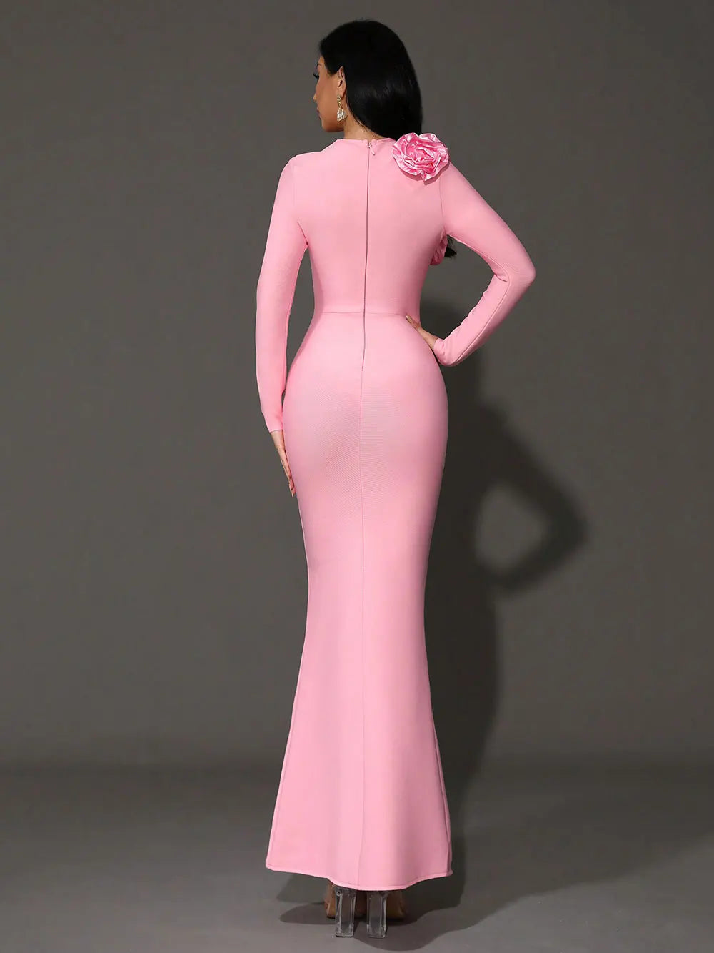 2025 Elegant Women's 3D Flower Decorative Bandage Dress O-neck Long Sleeve Bodycon Long Dress Cocktail Evening Party Vestidos