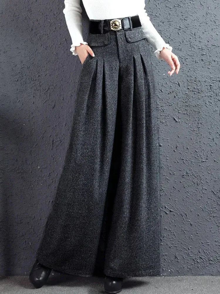 Autumn Winter Woolen Blend Culotte Elegant High Waist Belt Wide Leg Pants Women Baggy Korean Fashion Pantalones Oversize Trouser grey black