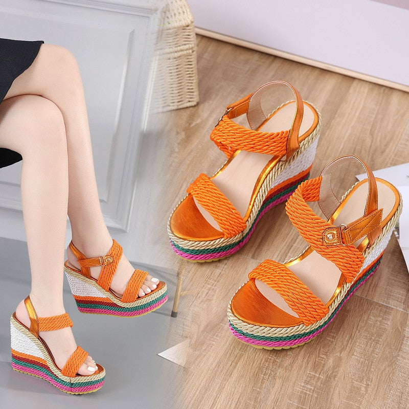 Women Fashion Candy Color Weave Sandals Platform Women Shoes Summer Gladiator Sandals Hemp Rainbow Wedge High Heel Shoes Orange