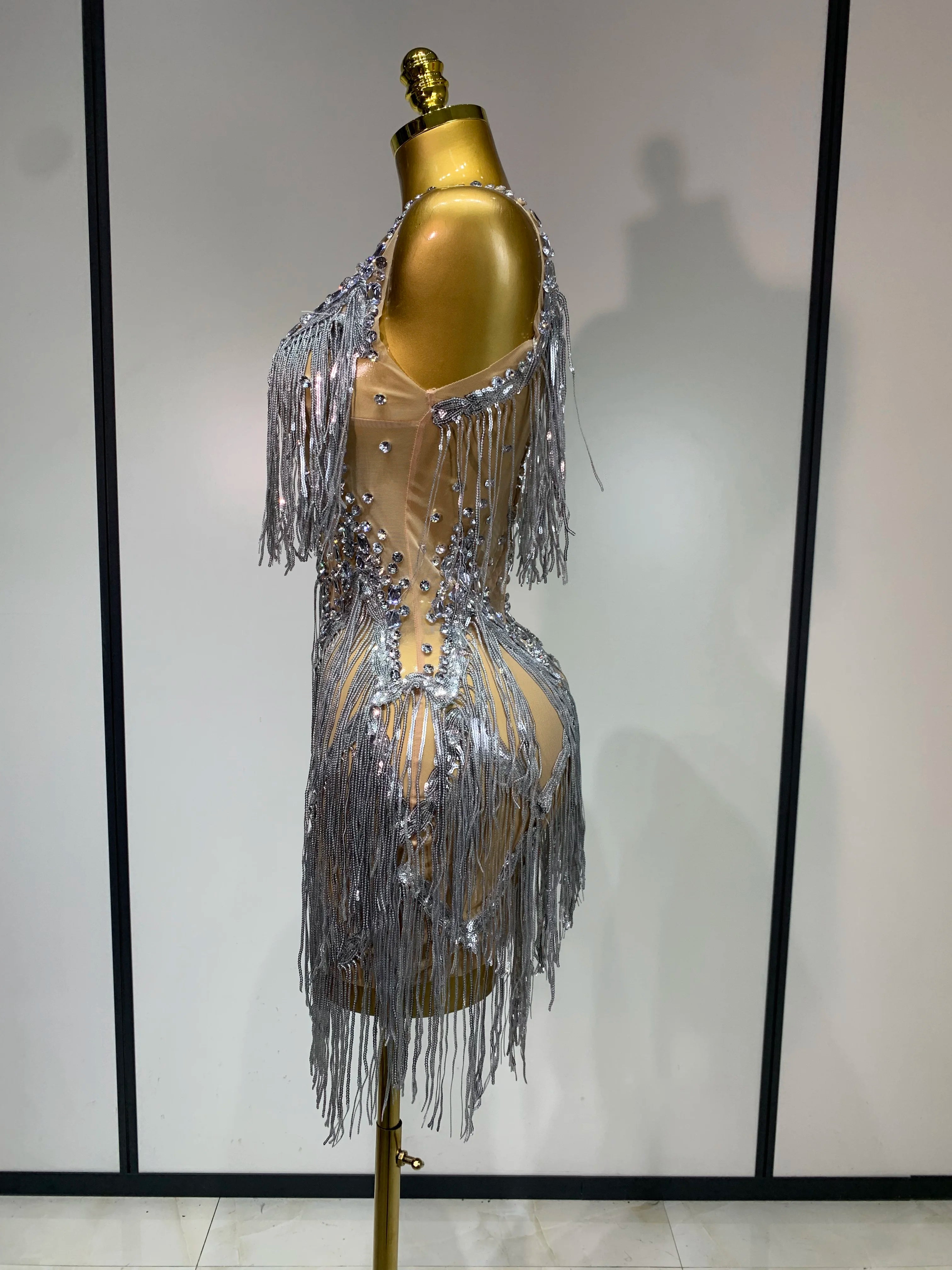 Sparkly Rhinestone Tassels Sexy Mesh See Through Dress 2025 Women Evening Party Luxury Birthday Nightclub Perform Stage Costume