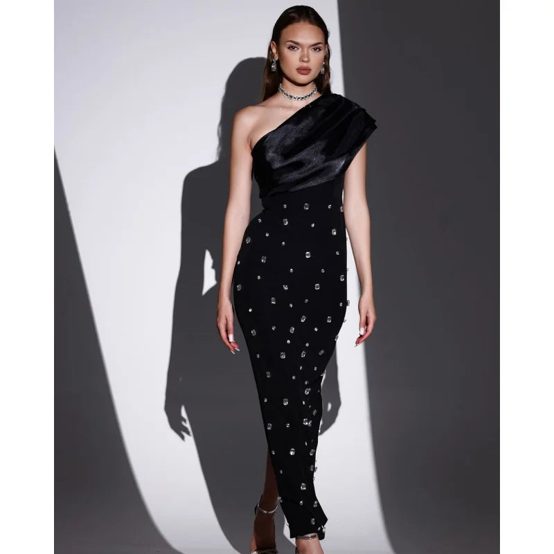 New 2 Colors Shining Diamonds Oblique Shoulder Ankle Length Bandage Dress Graceful Woman Party Dress Celebrity Party Vestido black