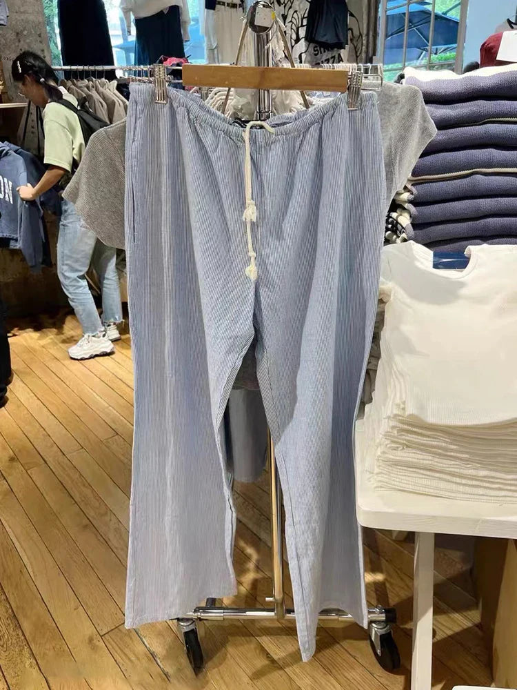 Retro Pink Striped Drawstring Sport Pants Women Autumn High Waist Linen Casual Wide Leg Pants Y2k Streetwear Loose Trousers Chic blue One Size
