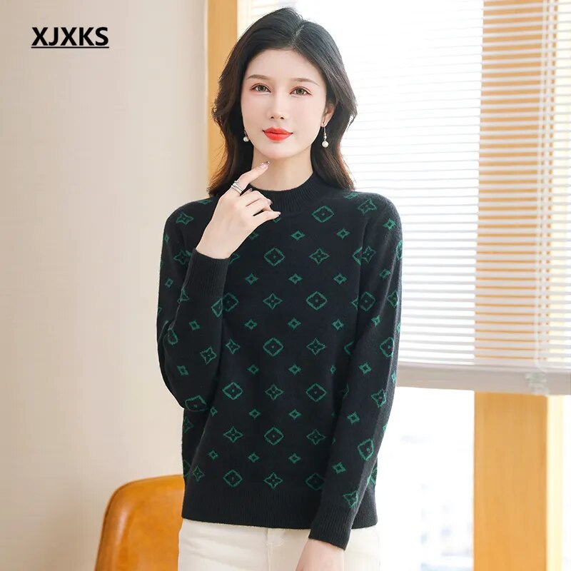 XJXKS 2024 Winter Warm Wool Knit Pullover Women's Turtleneck Sweaters Comforts Soft Knitwears Jumper Tops Black