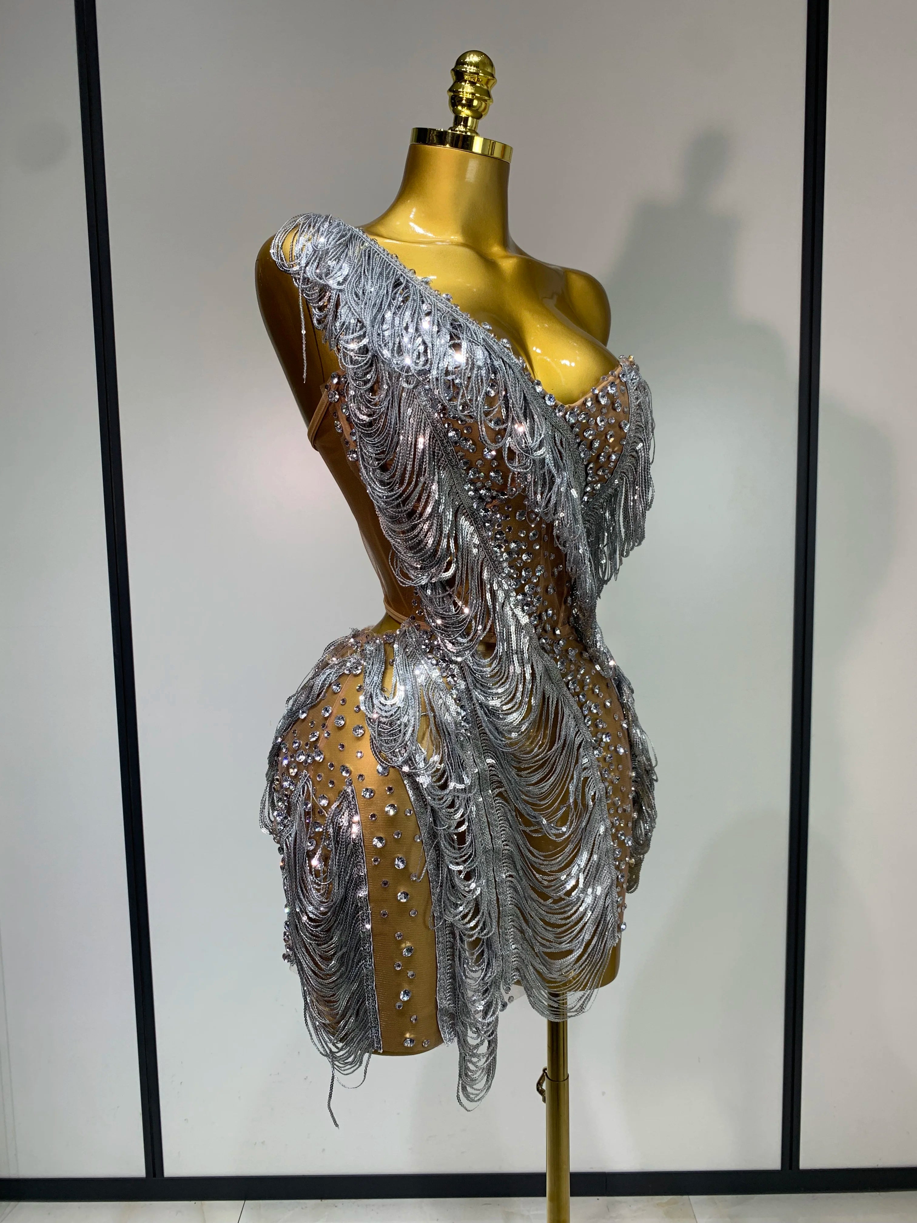 Sparkly Rhinestone Tassel Mesh Dress Nightclub Dance Stage Performance Costume Evening Party One shoulder Nigtclub Mini Dress