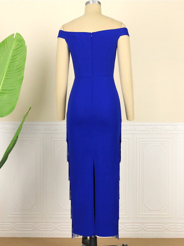 Femmes robes bleu glands frange Sexy fête épaule dénudée sans manches élégant moulante longue Cocktail tenues d'anniversaire célébrer nouveau