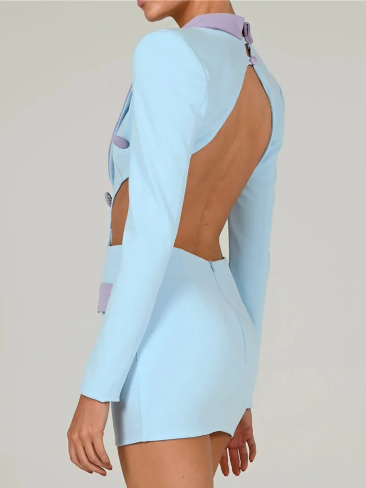 Hollow Out Backless Blazer Dress For Women Robe Autumn Notched Collar Full Sleeve Bodycon Party Mini Dress Vestido