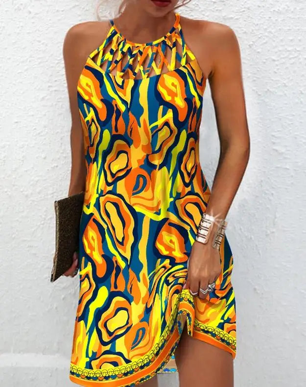 Fashion Women's Straight Dress 2023 Summer Vacation New Multicolor Abstract Print Hollow Casual Mini Sleeveless Dress Female