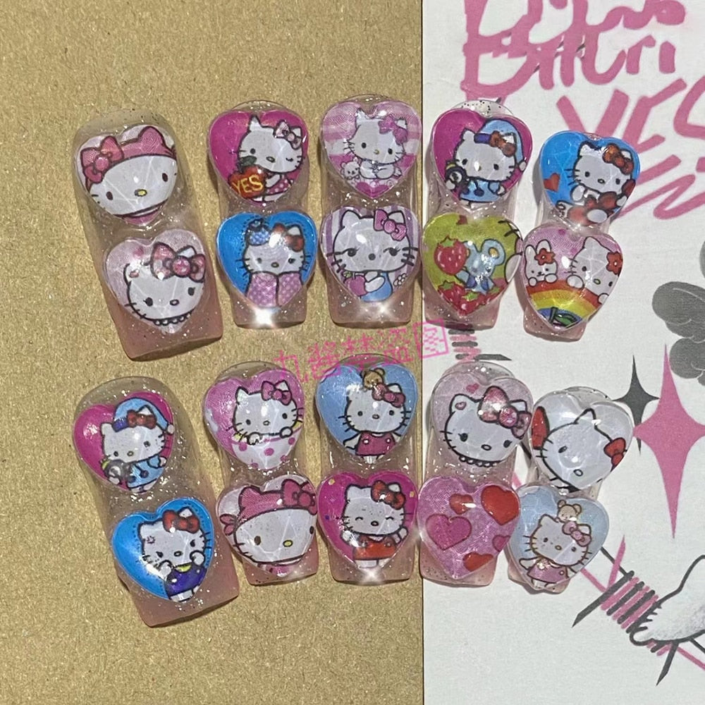 Été plage voyage vacances Hello Kitty conque ongles fille bleu jeunesse travail manuel personnalisable faux ongles fille soeur cadeau