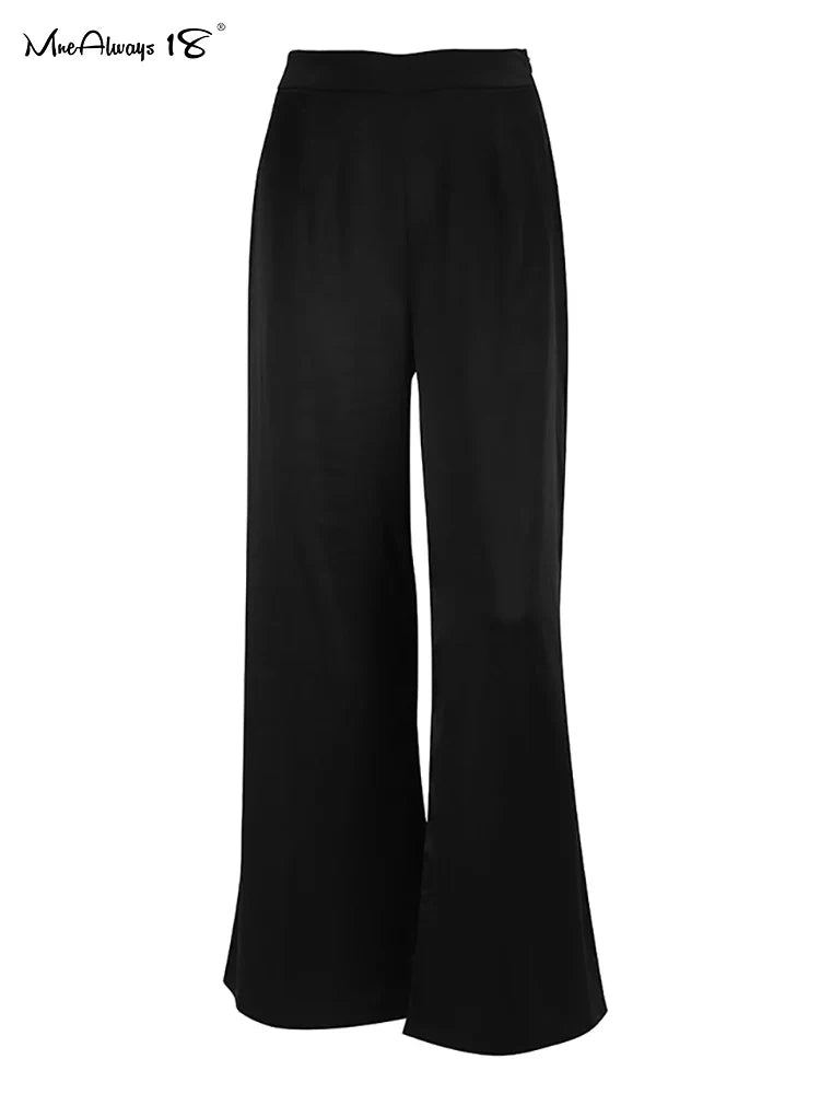 Mnealways18 Fashion Classy Women Palazzo Pants High Waist Floor-Length Satin Trousers Spring Summer High Street Baggy Pants