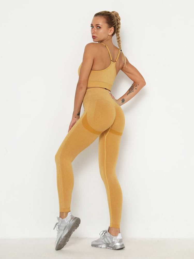 Women's Sets Skinny Tracksuit Breathable Bra Long Sleeve Top Seamless Outfits High Waist Push Up Leggings Gym Clothes Sport Suit Bra Set Yellow