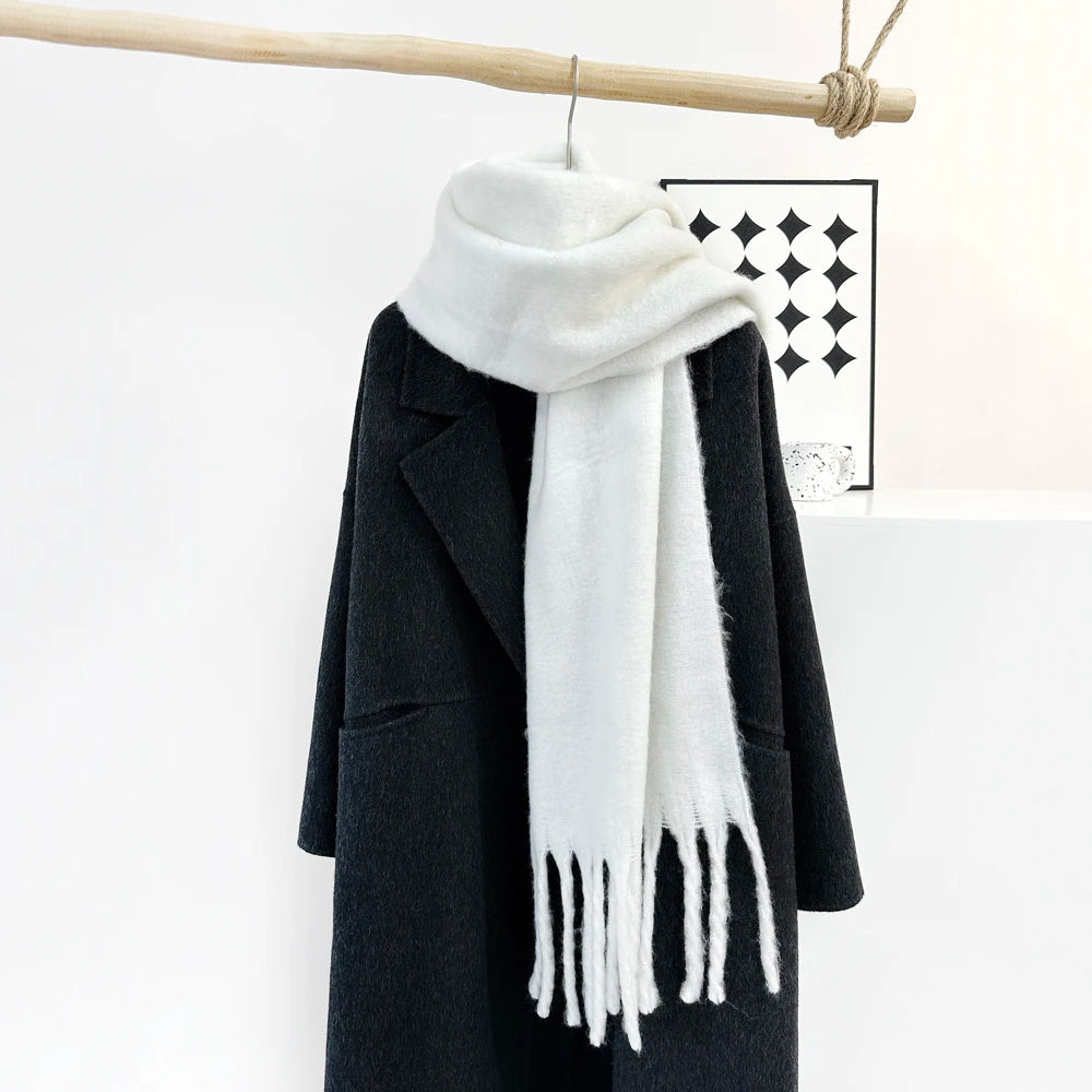 Winter Warm Scarf Women Girl Fashion Solid Color Shawl Stole Faux Cashmere Bandana for Lady 210*40cm White