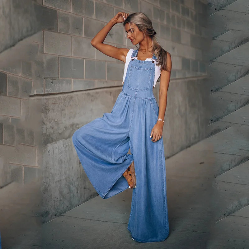 Fashion Denim Overall Women Jumpsuit with Pocket Ladies Spring Fashion Loose Jeans Rompers Female Casual Playsuit DEEP BLUE