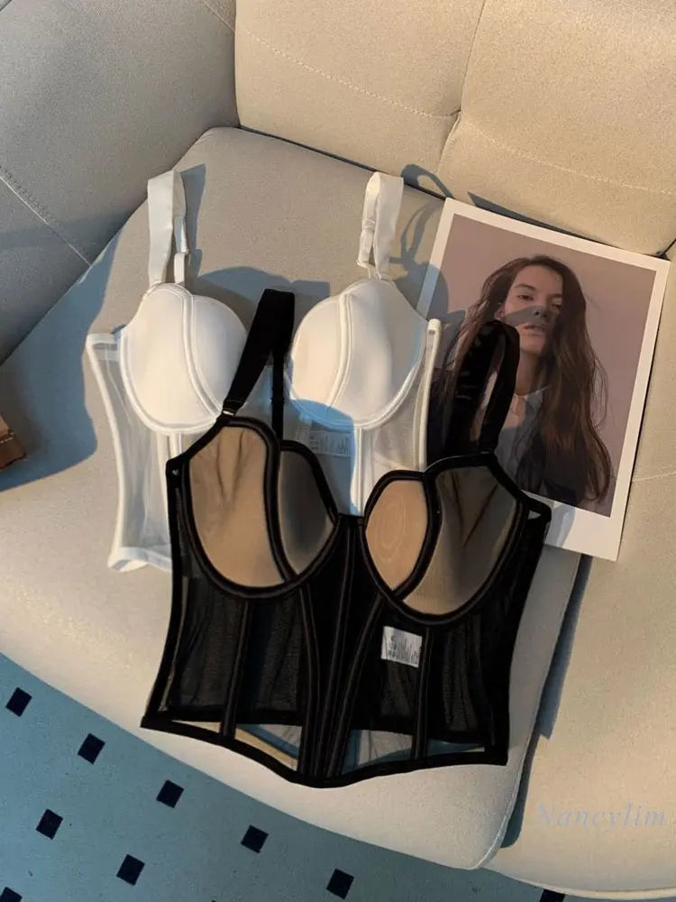 Women's Chic Mesh Fishbone Camisole Inner Wear Outer Wear Corset Crop Top Waist-Tight Sexy Bra White Black 2023