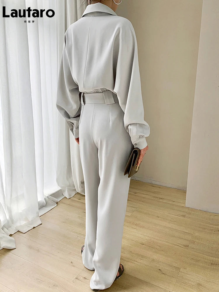 Lautaro Spring Autumn Beige Long Soft Flowy Stretchy Jumpsuit Women with Belt Black One Piece Shirt Jumpsuits for Women 2025