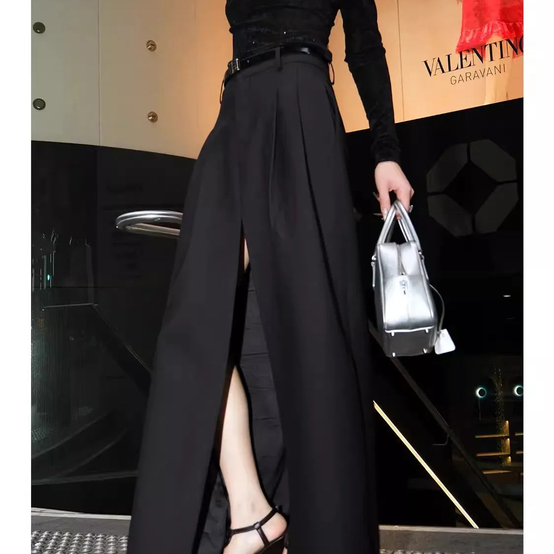 Lautaro Spring Summer Black Flowy Floor Length Skirt Women with Front High Slit High Waist Elegant Chic Luxury Designer Clothes