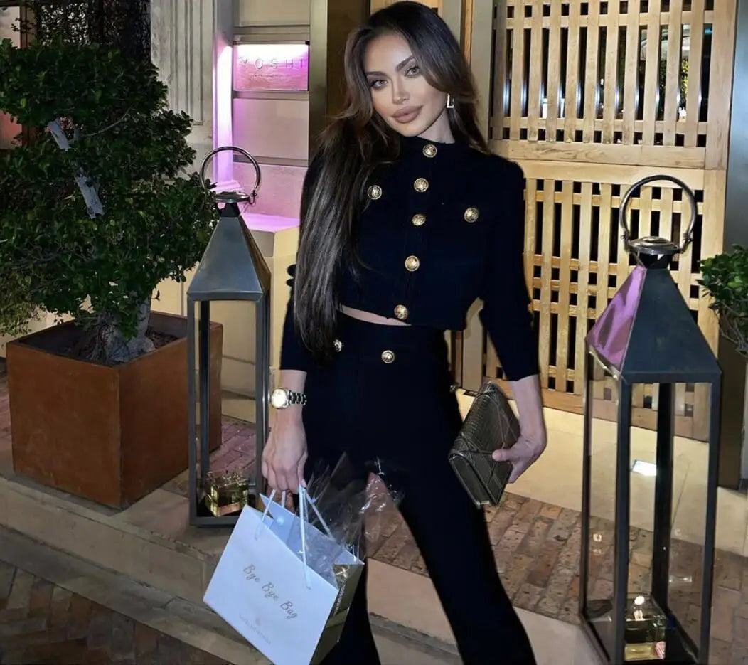 Bandage Expose Waist Woman Set Fashion Golden Buttons Short Coat Top And Flare Pants 2 Pieces High Street Wear